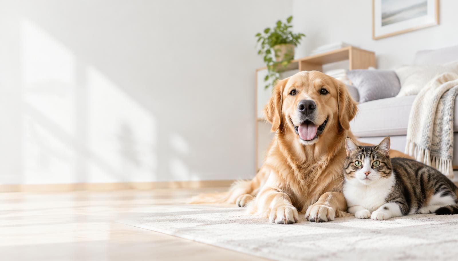 Cachorro e gato descansando em uma sala clara